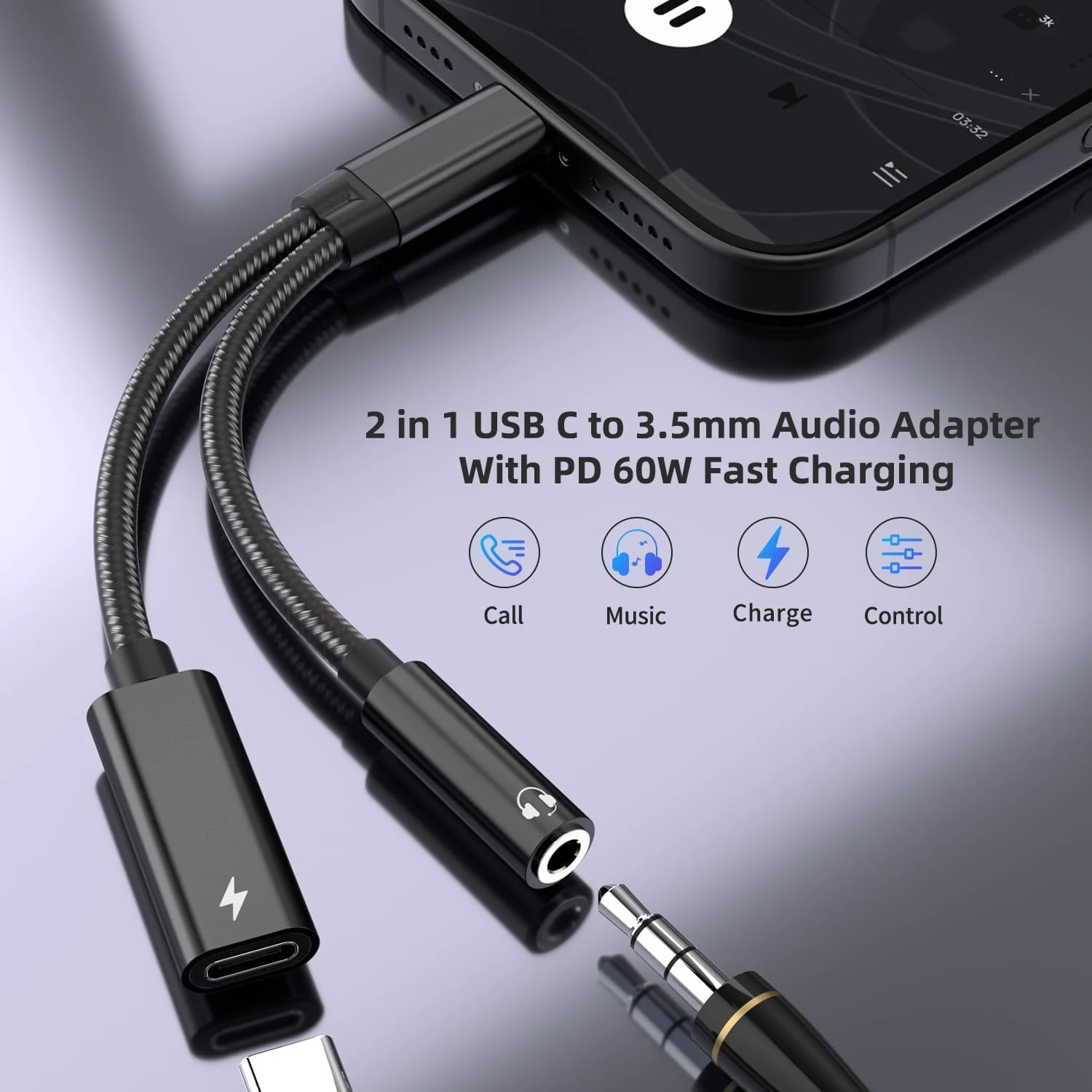 2 in 1 USB C to Audio Adapter with Power Port PD60W for Stereo, Earphones, Compatible with iPhone17/16/15, Samsung, iPad Pro.
