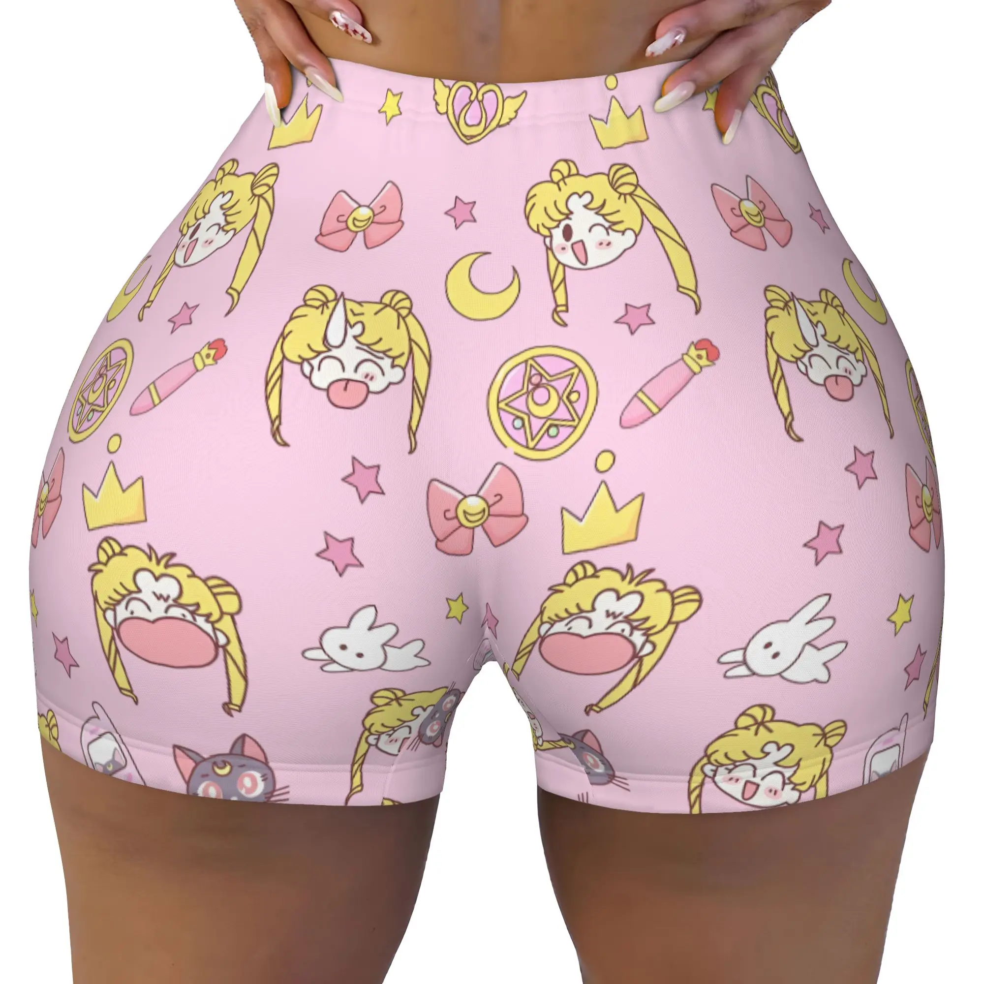 Custom Sailors Manga Moons Volleyball Biker Workout Shorts Women's Usagi Tsukino Anime Athletic Gym Yoga Shorts