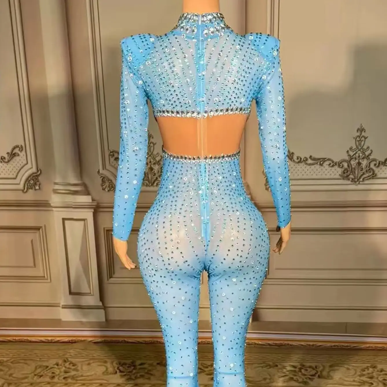 

ZD Wholesale Sexy Rhinestone One Piece Bodysuit Show Pole Dance Wear Ladies Party Rompers Women Stage Performance