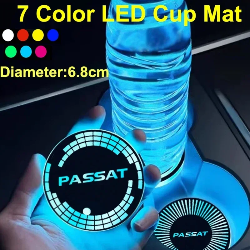 7 Colorful Car Drinks Holders for Passat Logo B5 B6 B7 B8 LED Cup Mat Pad USB Charging Intelligent Water Coaster Decor Light