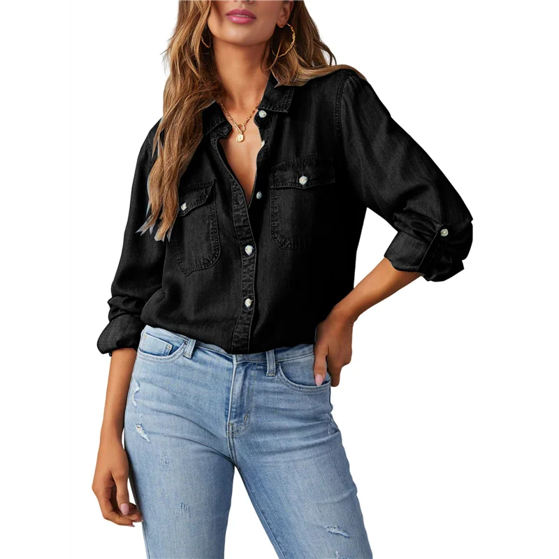 

AOAO-Women Button Down Denim Shirts Casual Long Sleeve V Neck Chambray Blouse Top