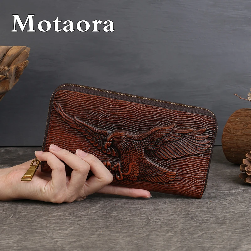 

MOTAORA New Genuine Leather Coin Wallet For Men's Pure Cowhide Embossed Long Zipper Handle Bag Eagle Print Wallet Card Holder