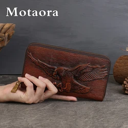 MOTAORA New Genuine Leather Coin Wallet For Men's Pure Cowhide Embossed Long Zipper Handle Bag Eagle Print Wallet Card Holder