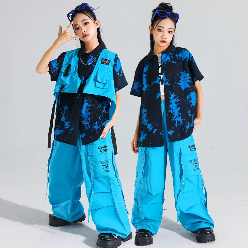Ragazzi Hip Hop T-shirt a contrasto Gilet blu Pantaloni della tuta Ragazze Street Dance Jazz Costume Abbigliamento per bambini Set Bambini K-pop Streetwear