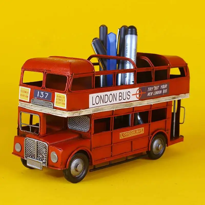 European Style Iron Painting Creative Small Bus Car Decoration Bus Model Pen Holder