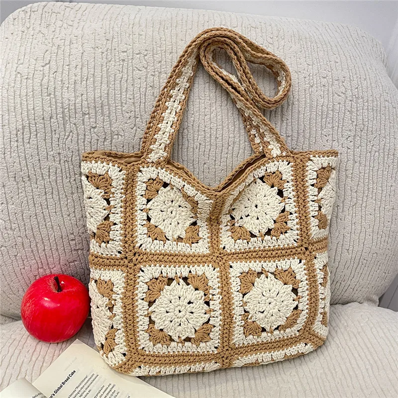 

Вязаная крючком квадратная сумка-тоут в стиле пэчворк, ручной работы, с контрастным цветочным узором, женская сумка в богемном стиле для пляжного отдыха, сумка через плечо