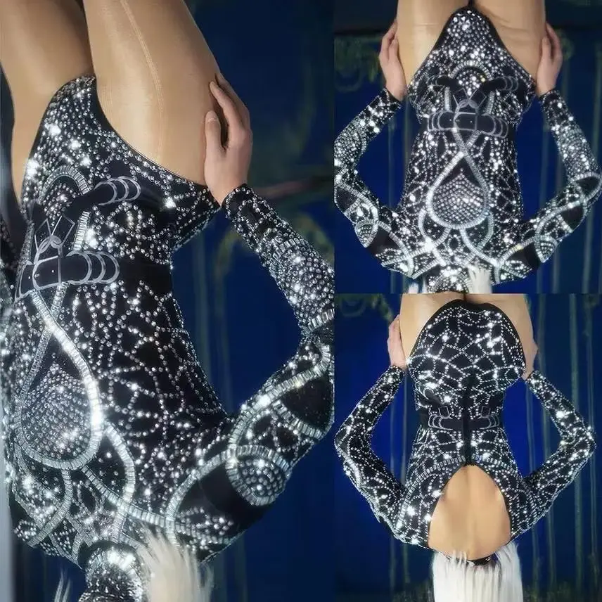 

Women's Sexy Long-Sleeved Bodysuit with Rhinestone Jumpsuit for Pole Dance Ballet Performance Stage Costume Club Party Playsuit