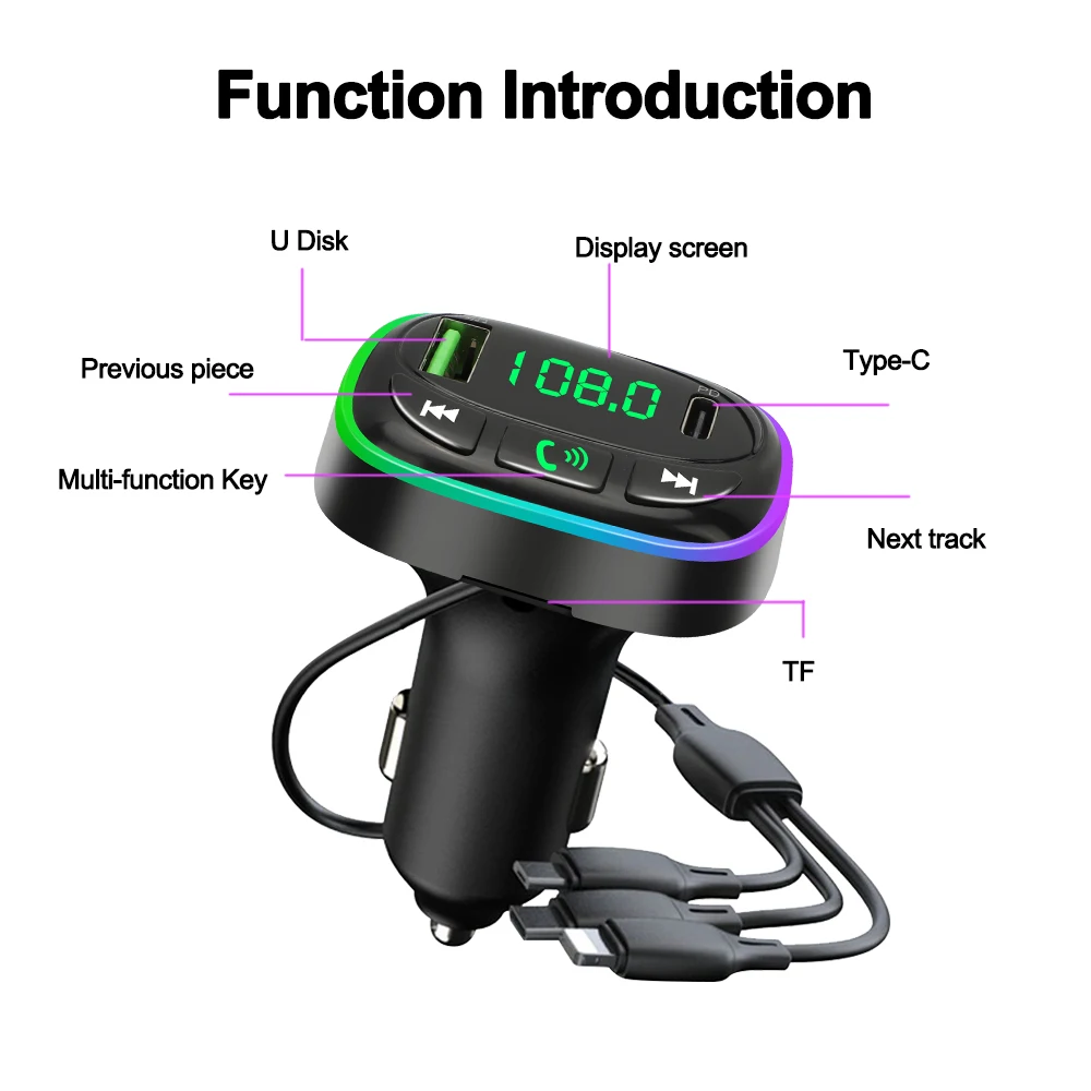 Kebidumei Nadajnik Bluetooth 5.0 FM do samochodu Adapter samochodowy FM Bluetooth Ładowarka samochodowa Bass Boost 5-portowa ładowarka Adapter Bluetooth