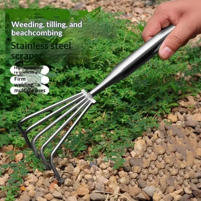 New Stainless Steel Small Rake With Integrated Steel Handle Multi-claw Soil Rake For Garden Soil Loosening Raking Tool