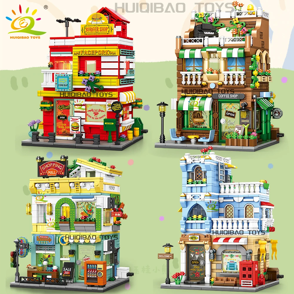 HUIQIBAO City Street View Supermarket Coffee Burger Shop Hotel Model Building Blocks DIY Architecture Bricks Toys Adult Gift