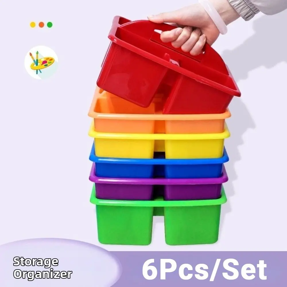 6Pcs/Set 3 Compartments Plastic Storage Organizer Stackable Colorful Desktop Storage Box with Handles Portable