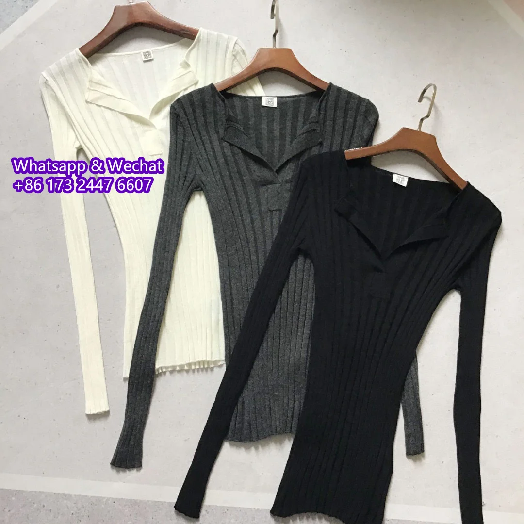 Women Rib-Knit Top Fall Winter Basic Shirt Thin Sweater Beige Black Gray Long Sleeve Slim Fit Elaastic