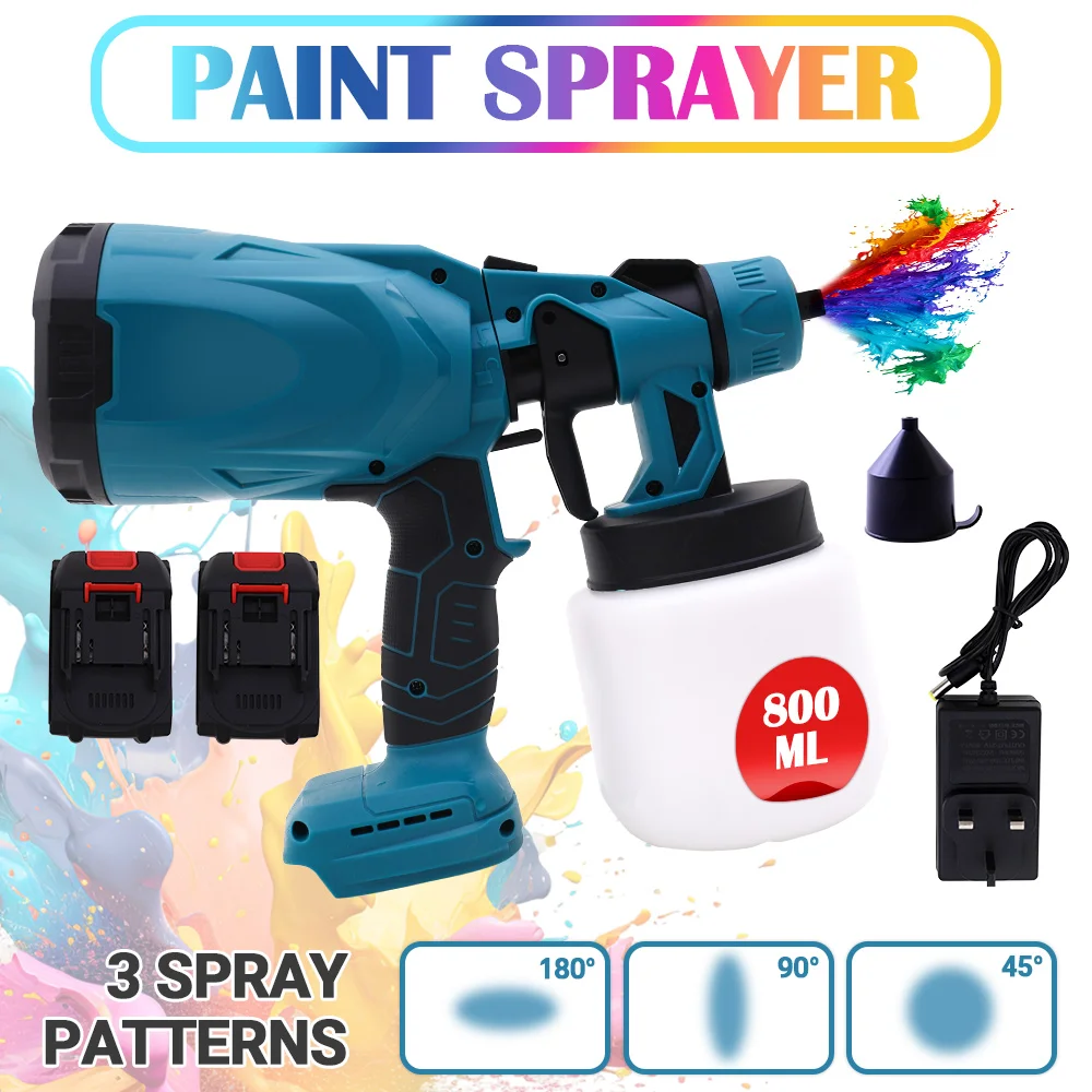 21V High Pressure Cordless HVLP Paint Sprayer Gun 800ML Electric Airless Handheld with 2x 2000mAh Lithium Batteries