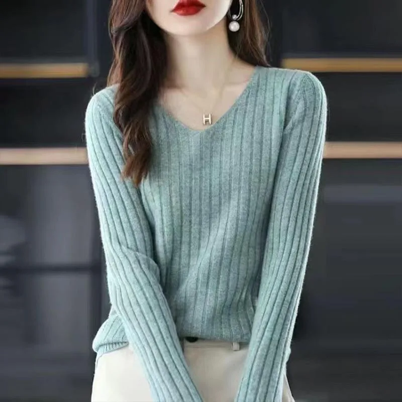 Women's Clothing Elegant All-match Long Sleeve V-neck Sweaters Autumn Winter New Fashion Loose Solid Knit Pullover Lady Chic Top