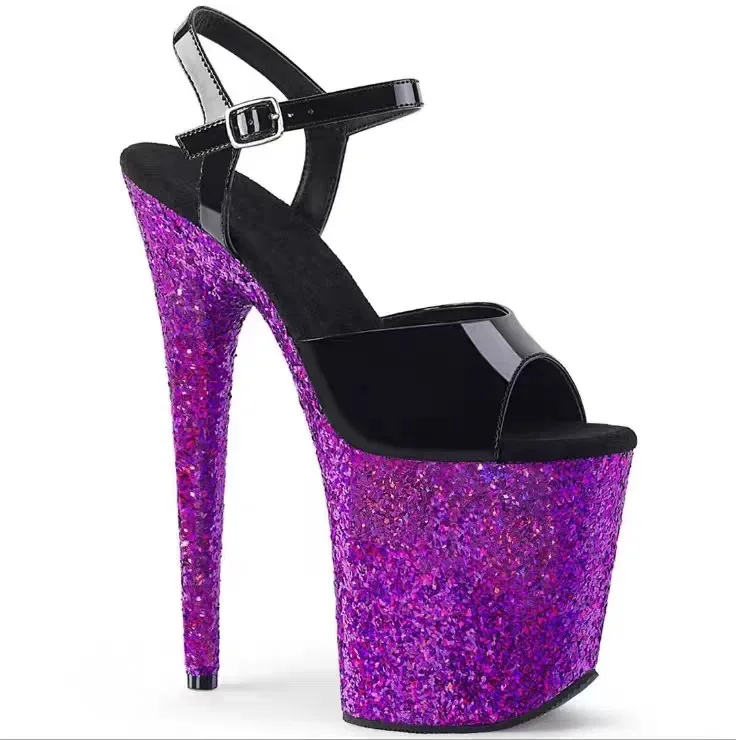 

Women Pink Glitter Platform Heel Sandals 20cm Ultra High Stiletto Open Toe Ankle Strap Pole Dance Shoes Party Clubwear Shoes