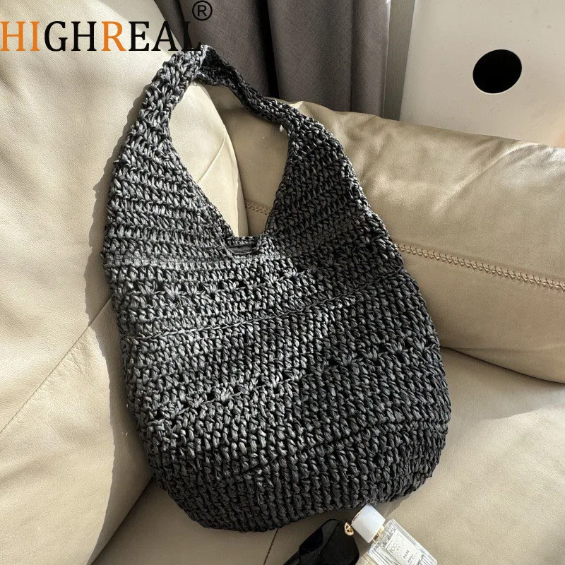 ورقة حبل القش حقيبة كتف البوهيمي المنسوجة حقيبة شاطئية الصيف الكروشيه حقيبة يد نصف القمر المتسوق محفظة السفر لينة الأفاق أكياس جديد
