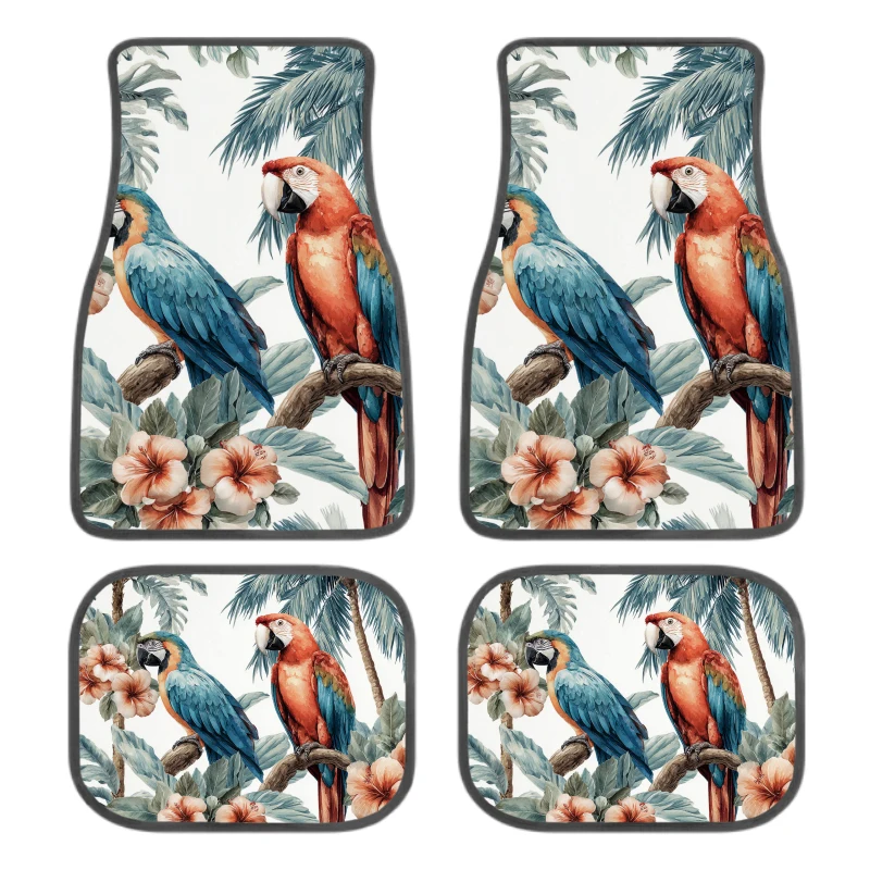 Set Of 4 Tropical Parrot Car Floor Mats | Non-Slip, Floral Design, Polyester, Universal Fit For Car, SUV, Truck, Van