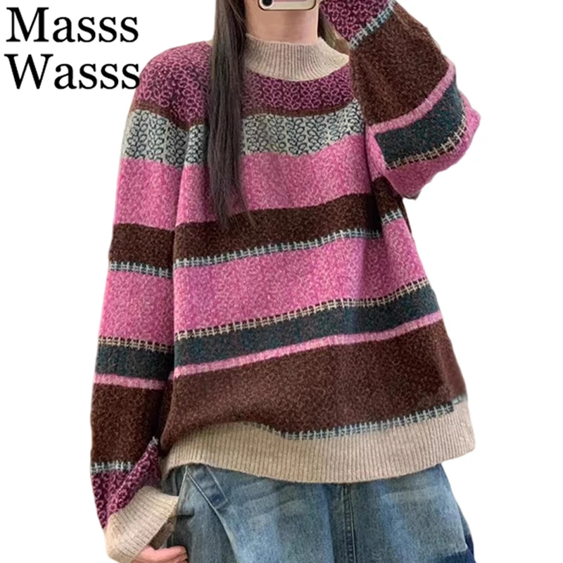 

Mass Wasss корейские женские модные зимние полосатые теплые свободные свитера для отдыха винтажный пуловер женские классические джемперы большого размера