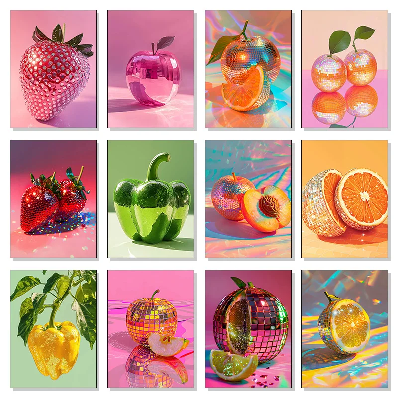 Retro Fruit Disco Ball Poster Funky Citrus Apple Strawberry Disco Mirror Ball Canvas Painting Trendy Wall Art Home Bar Decor