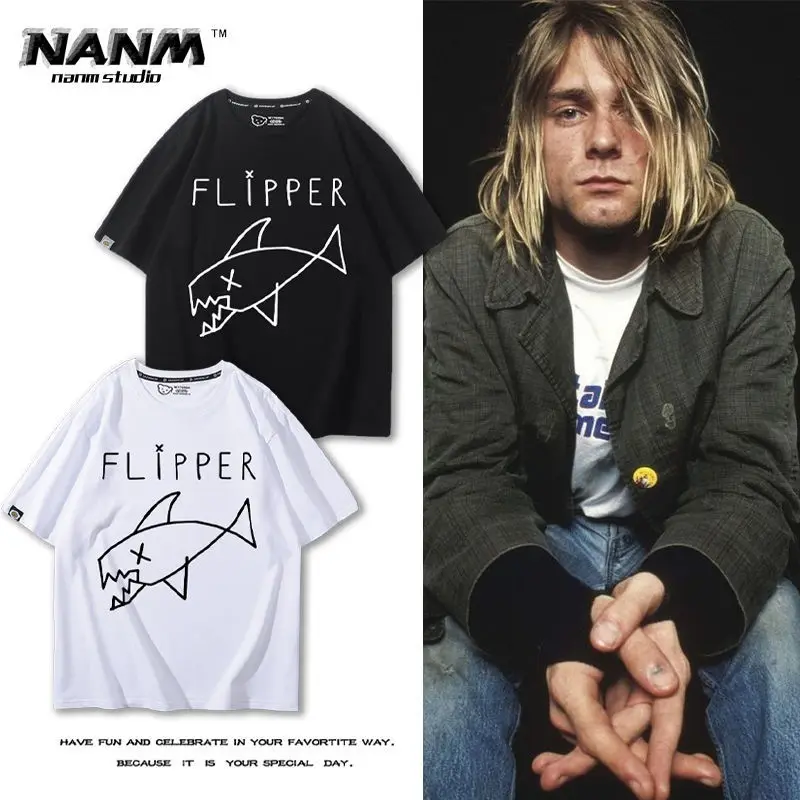 كورت كوبينت-قميص البنادق الزهور البيتلز كوت كوبين نيرفانا نيرفانا روك باند طاقم الرقبة القطن فضفاضة قصيرة الأكمام