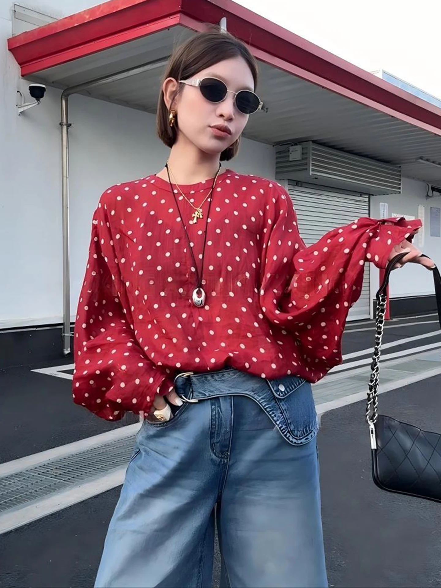 เสื้อคลุมกันแดดลายจุดสีตัดกันสไตล์เรโทรสำหรับผู้หญิง ผ้าบางเบา เหมาะสำหรับฤดูร้อน แขนยาว ทรงโอเวอร์ฮอล เสื้อคลุมลำลอง