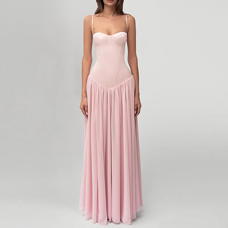 

Sexy Sweet Off Shoulder Spaghetti Strap Gown Women Fashion Lace Up Simple Solid Long Dress Elegant Sleeveless Draped Party Dress
