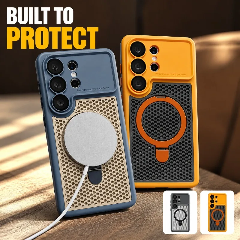 Armor‑Shield Precision‑cut Phone Case for Samsung Galaxy S26 Ultra Mesh‑ventilated Protective Shell Built‑in Kickstand