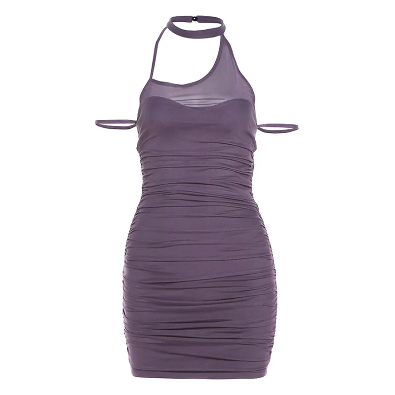 유럽과 미국 스타일 2025 여름 신상 여성 패션 핫걸 홀터넥 주름 슬림 허리 바디콘 솔리드 컬러 드레스