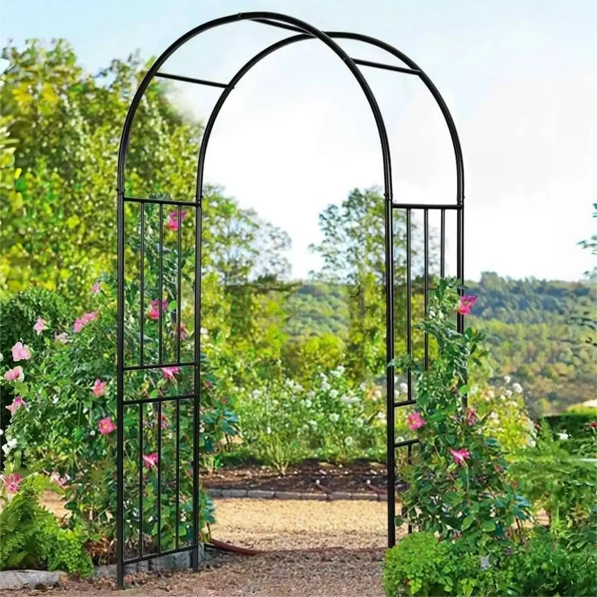 Treliça de arco de jardim Moccha, mandril de aço externo de 7,2 pés com estacas, arco de metal para plantas de escalada, ampla, resistente e durável