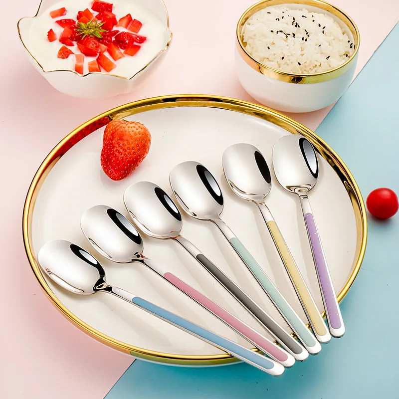 6pcs Creativity Korean Stainless Steel Long Handle Spoon Baked Lacquer Non-slip Spoon Dessert Spoon Coffee Spoon Ice Cream Spoon