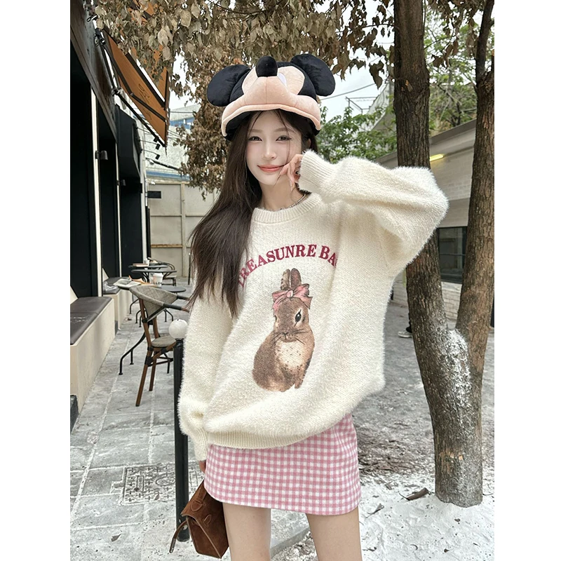 Y2K Printed Loose Pullover Sweater for Women Winter Warm Round Neck Pullover Fashion Long Sleeve Sweaters Ladies