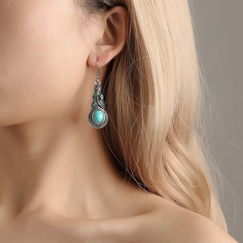 European and American Fashion Retro Suit Blue Crystal Inlaid Turquoise Earrings Bohemian Personality Earrings