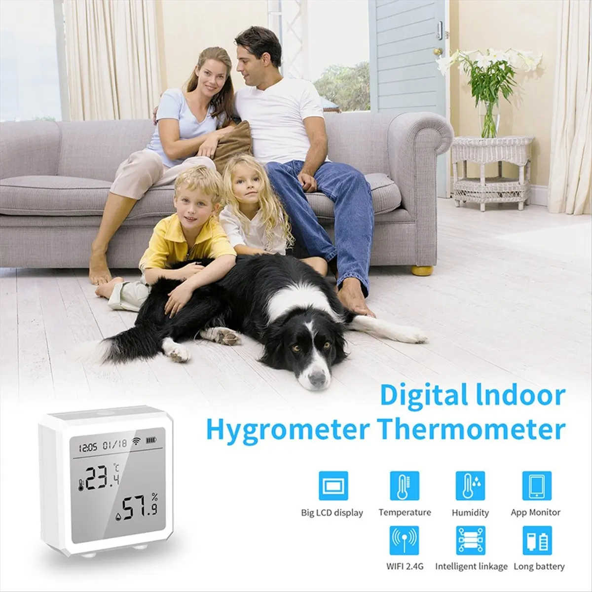 DT75BG Tuya WIFI Temperature Humidity Detector Sensor Smart Link Tuya Multifunction Temperature and Humidity Detector,Black