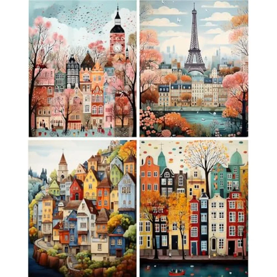 

4 Pack City Diamond Art Kits for Adults, Landscape Diamond Painting Kits for Adults Beginner, 5D DIY Round Full Drill Gem Cryst