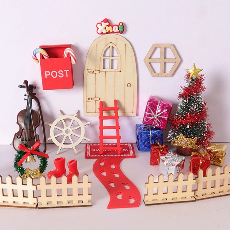 

Кукольные домики, Рождественская коллекция, масштаб 1/12, деревянная дверь, золотая звезда, елка, конфетно-красный коврик, для