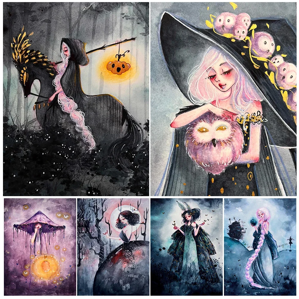 Pointed Hat Witch And Mushroom Girl Vintage Wall Art Canvas Painting Beast&Girl Abstract Art Poster And Print Home Decoration