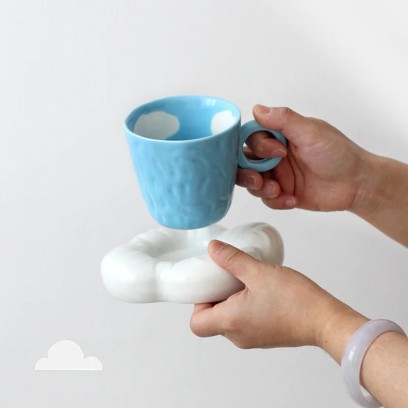 Korean-Style Hand-Painted Blue Sky Clouds Coffee Set Hand-Pinching Irregular Fat Ceramic Clouds Cup and Saucer Cute Milk Cup