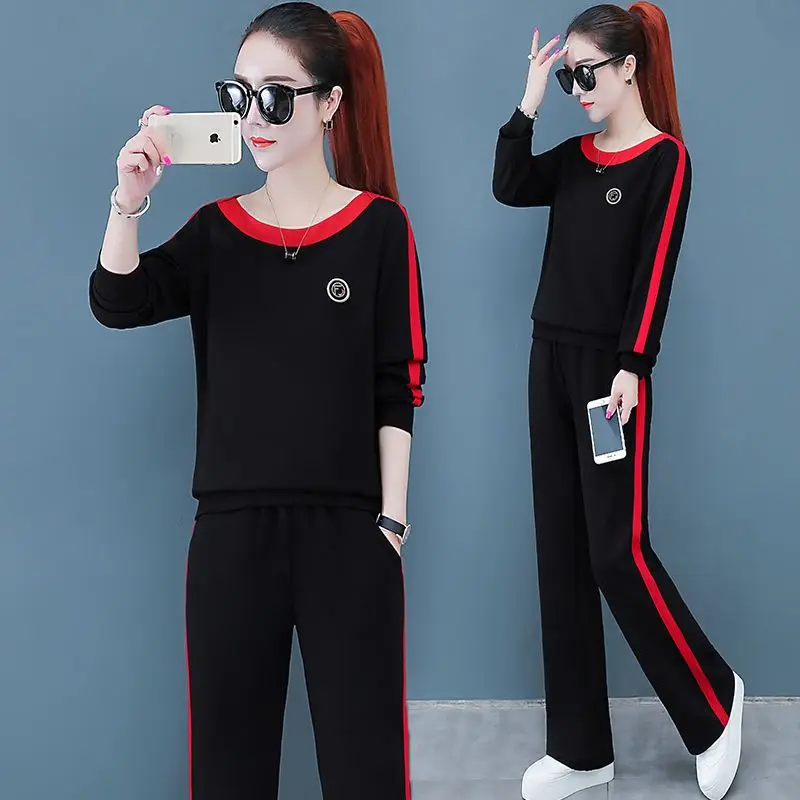 2022 New Spring and Autumn Fashion Long Sleeve Wide Leg Pants Set Women's Korean Slim Relaxed Casual Sports Two Piece Set