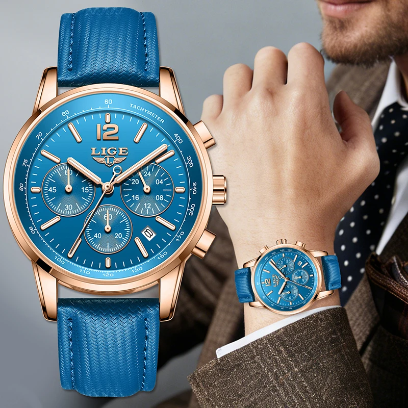 

LIGE Watch Men Outdoor Sports Waterproof Chronograph Wrist Watches For Men Fashion Military Leather Luminous Men Quartz Watch