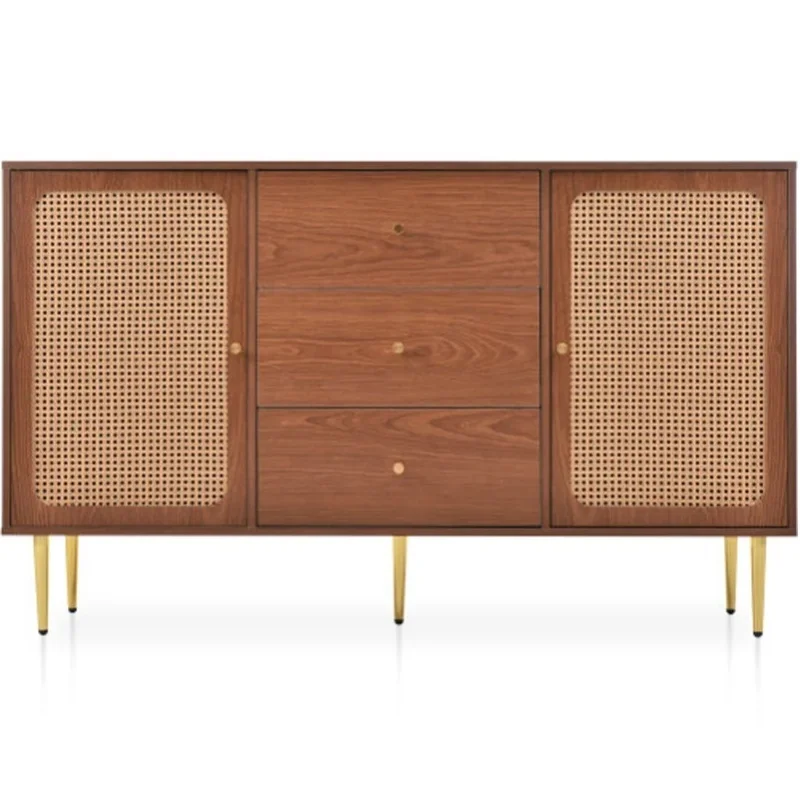 Kommode Sideboard Schrank Aufbewahrungsschrank mit Türen Schubladen Rattan Türkommode verstellbare Ablage Wohnzimmer Schlafzimmer Nussbaum 150x40x90 cm
