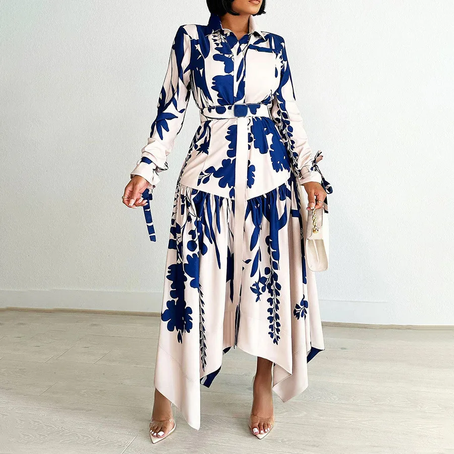 

European and American clothing summer new fashion temperament printed lapel long-sleeved irregular skirt printed dress