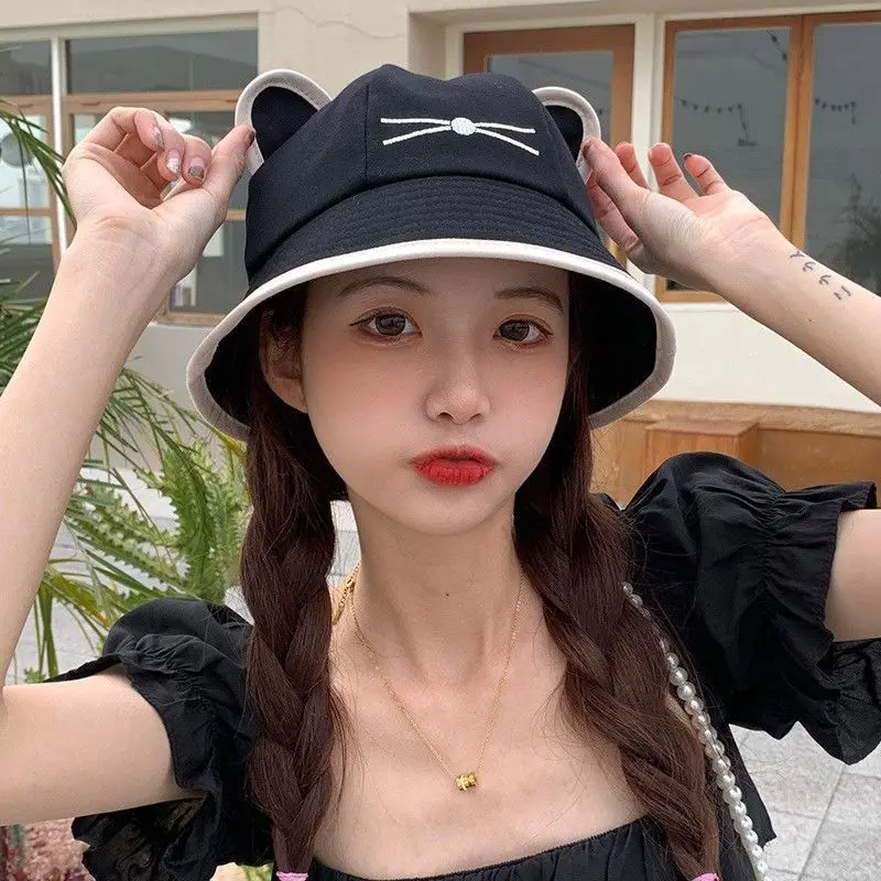 Korean Cartoon Cat Ears Women Bucket Hat Spring Summer Kawaii Beach Tour Sun Visor Hats Wide Brim Y2K Cotton Panama Cap