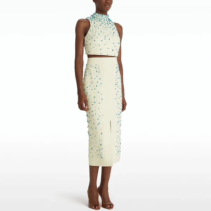 

Fashionable New Heavy-Crystal Embroidered Top with Split Skirt Suit, Two-Piece Set