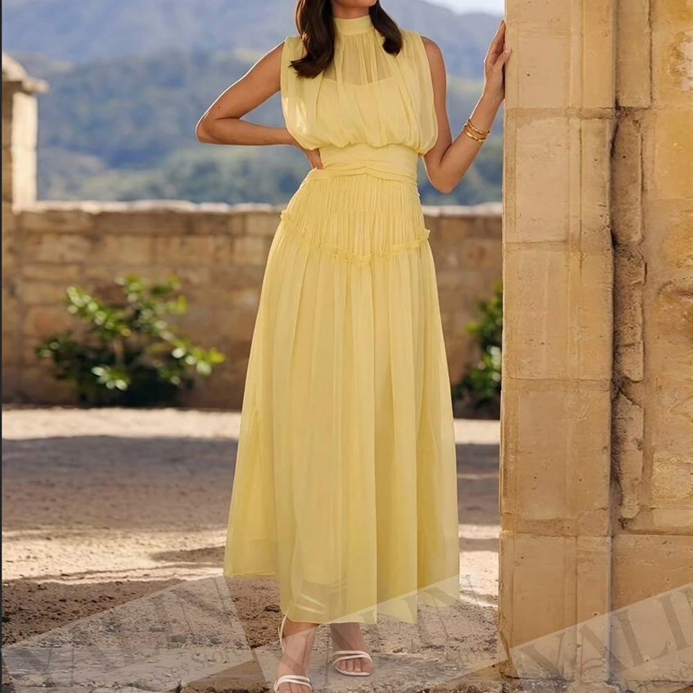 

Women's A-line Evening Dresses Ankle-length High-neck Sleeveless Prom Dresses Fashion Ruched Simple Draped Customized Gowns