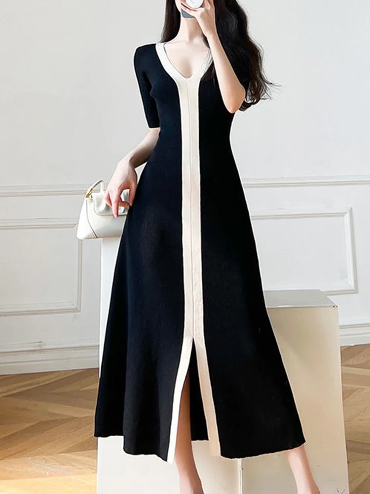 

2023 Summer New Vintage Waist V-Neck Fashion Knitted Dress Women long dresses for women vintage dress Polyester A-LINE