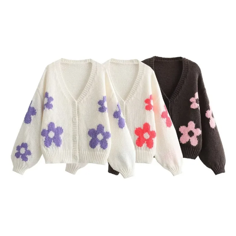 Lazy Wind Women's Clothing Coats Autumn New Women V-neck Three-dimensional Inlaid Flower Lazy Style Knitted Jacket Women Jackets