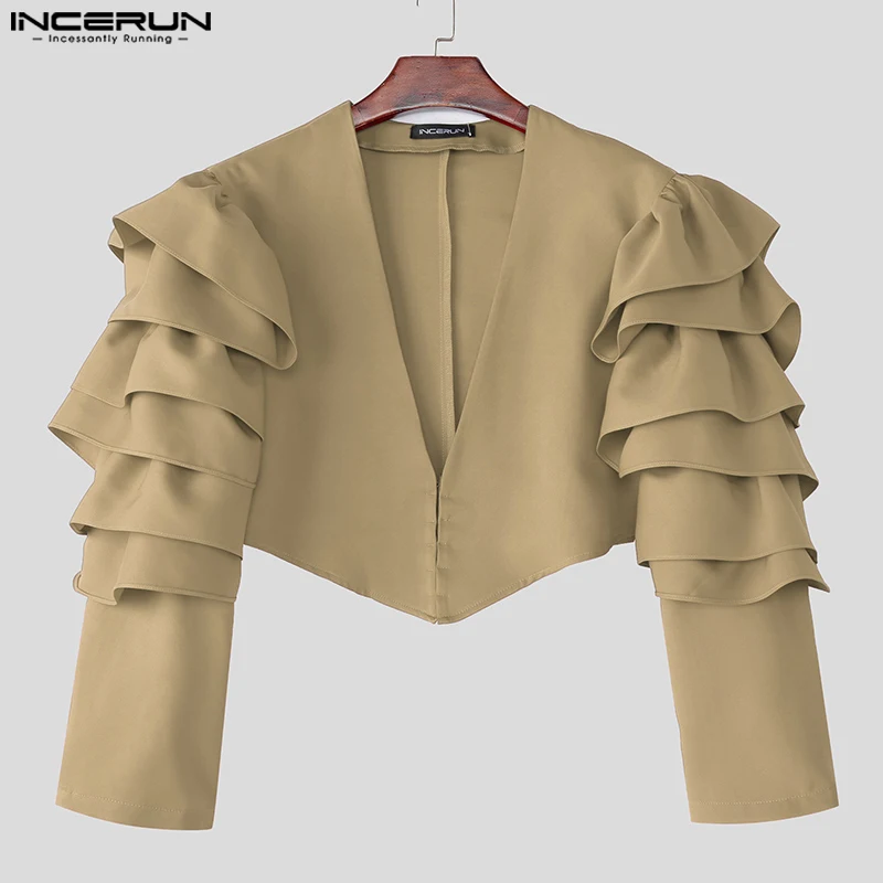 INCERUN Men Irregular Blazer Ruffle Solid Color Long Sleeve Deep V Neck Crop Suit Men Streetwear 2025 Fashion Casual Male Blazer