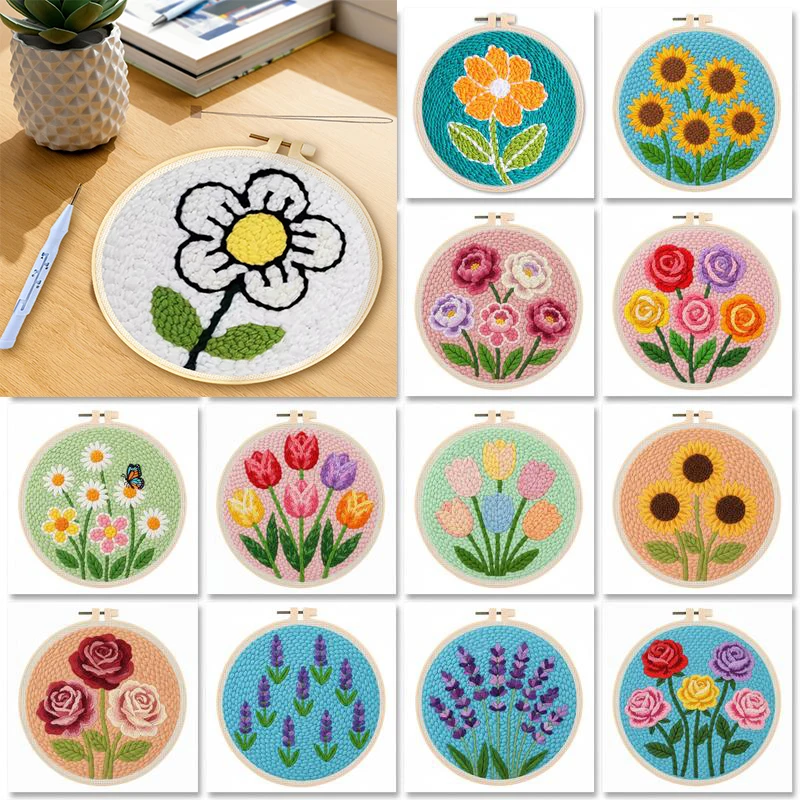 

GATYZTORY Diy Punch Needle Embroidery Starter Kits For Beginner Sunflower Poking Embroidery Yarn Painting Arts