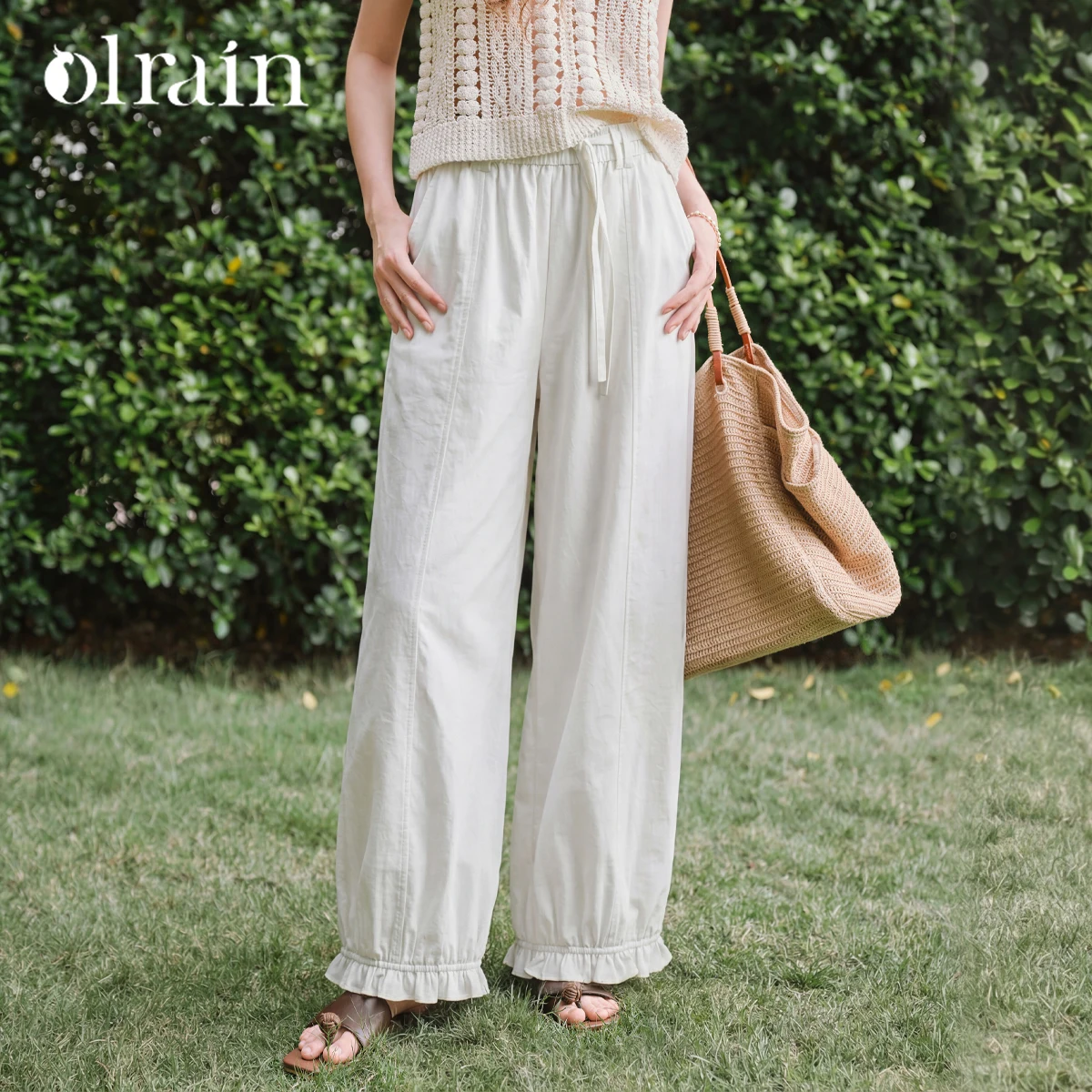 OLrain White Commuter Balloon Pants 2026 Summer Tie Elastic Waist Ruffle Hem Casual Cropped Trousers Women's Bottom O58XK005896