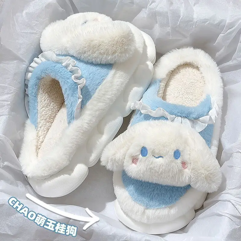 Sanrio Girls Fashion Cartoon Anime Cotton Slippers Winter Cute Melody Thick Bottom Plus Plush With Heel Indoor Home Warm Slipper